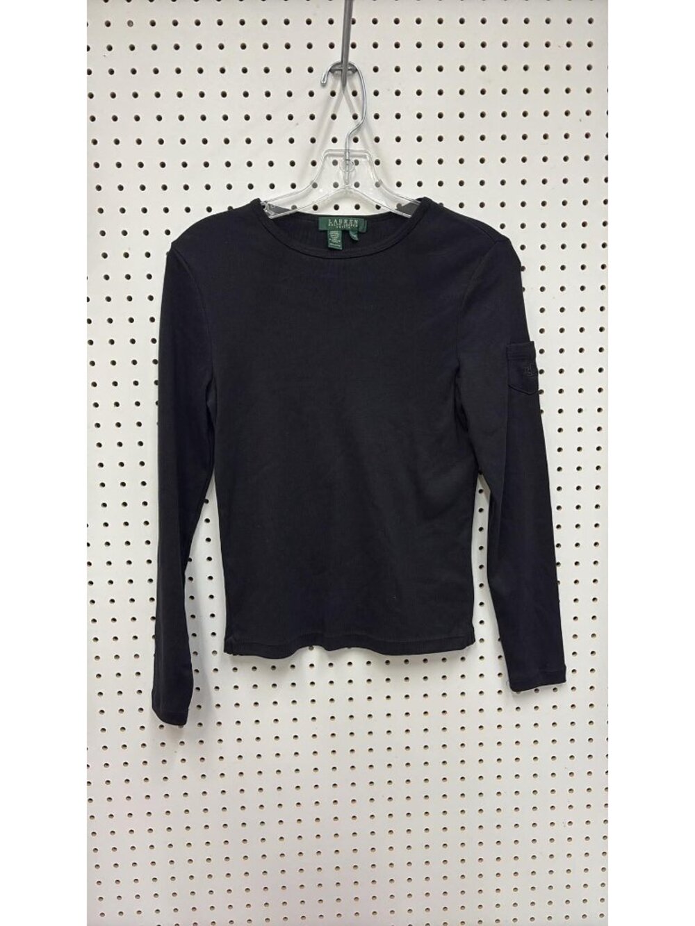 Lauren Ralph Lauren Petite Black Long Sleeve Ribbed Cotton Top P/P